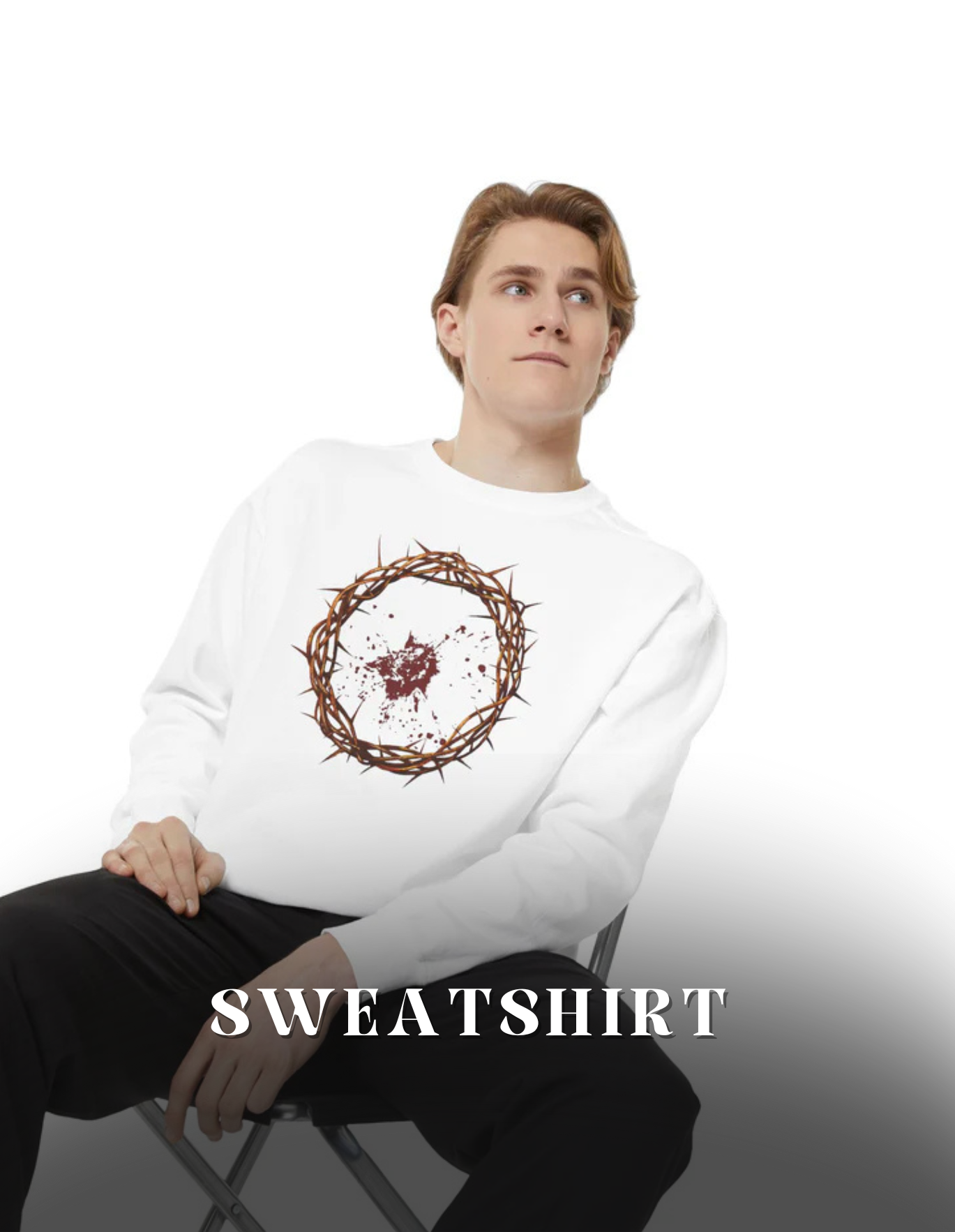 Unisex white sweatshirt featuring a unique crown of thorns graphic, ideal for casual and stylish wear.