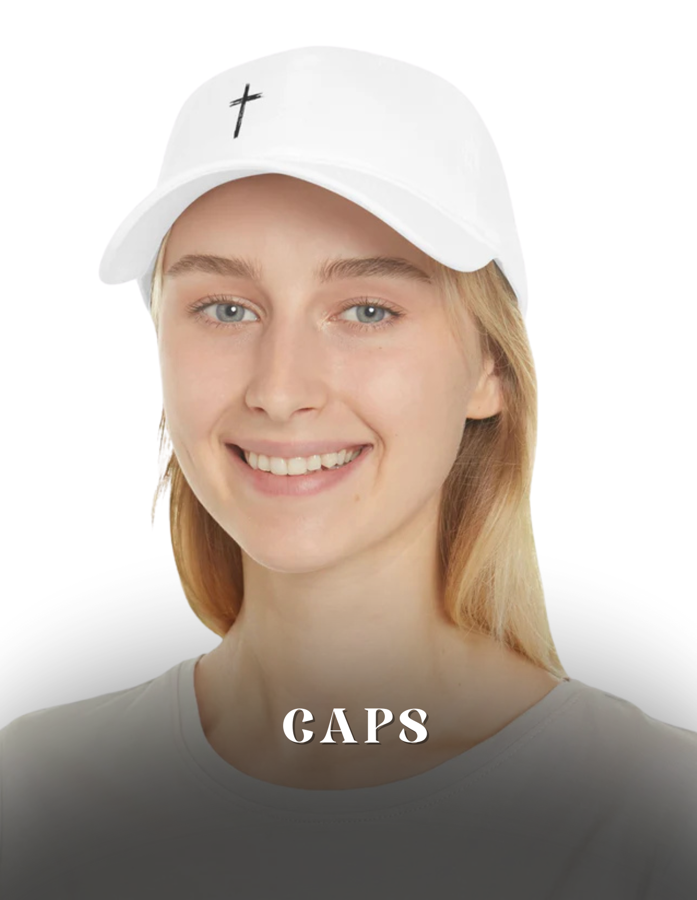 Smiling woman wearing a white cap with a cross design, representing trendy caps collection.
