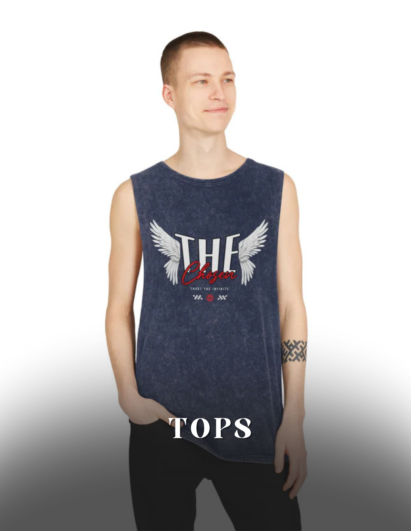 Stylish navy tank top featuring angel wings and text design, perfect for a casual summer look.